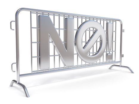 Steel barricades with word NO. Side view. 3D render illustration isolated on white background