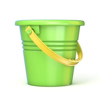 Green yellow sand toy bucket. 3D render illustration isolated on white background