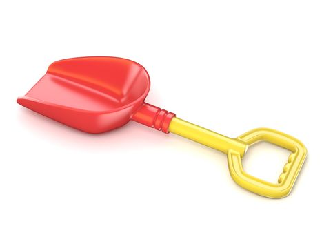 Red and yellow plastic toy shovel. 3D render illustration isolated on white background