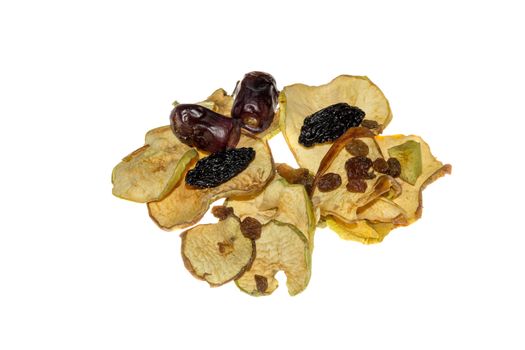 pile of mixed dried fruit prunes, apples, raisins and dates,isolated on white background