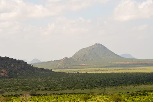 High view of the savannah and hills of East Tsavo park in Kenya