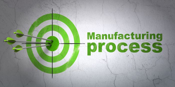 Success Manufacuring concept: arrows hitting the center of target, Green Manufacturing Process on wall background, 3D rendering