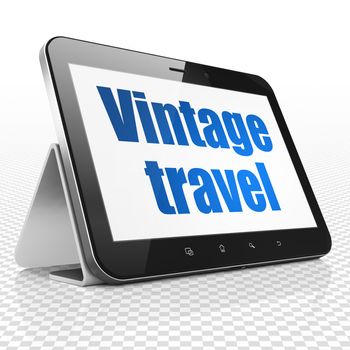 Vacation concept: Tablet Computer with blue text Vintage Travel on display, 3D rendering