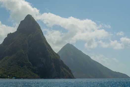 View across the bay at Soufriere to the sea and Piton mountain.