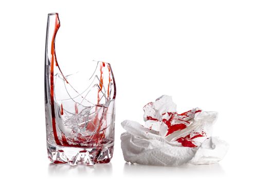 broken glass with blood and paper isolated on white background