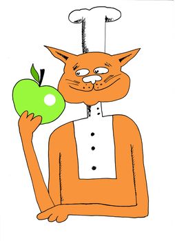 Red cat chef with smile holding green apple in his hand. Hand drawn sketch with ink and pen on paper