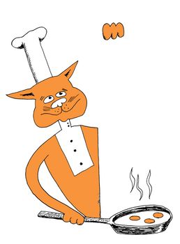 Red cat chef holding pan with fried eggs in his hand. Hand drawn sketch with ink and pen on paper