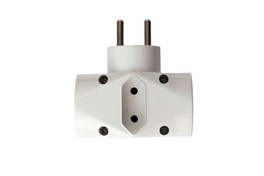 Detail of the old and used adapter plug on white background