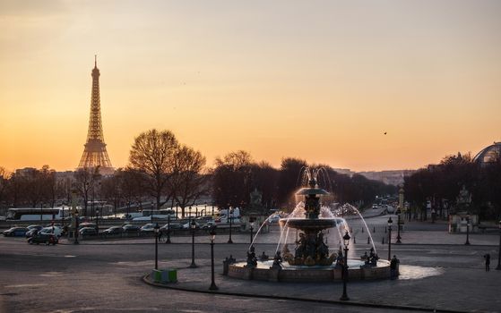 Concorde Square and the Eiffel Tower at sunset in Paris, France