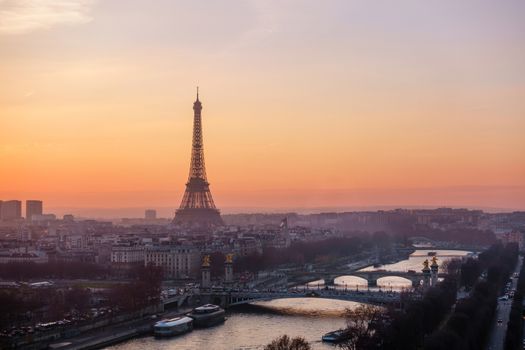 The Eiffel Tower at sunset in Paris, France