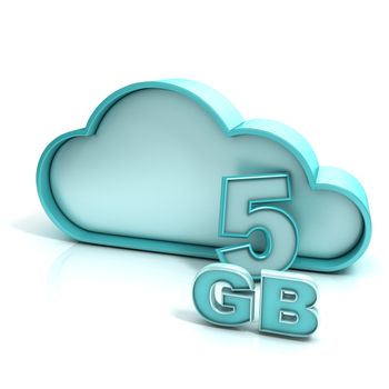 Cloud computing and database. 5 GB capacity. Concept of online storage. 3D render illustration isolated on white background
