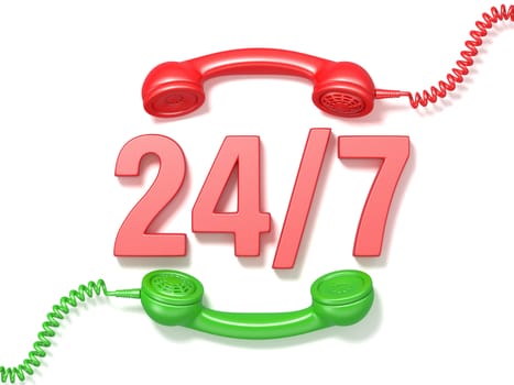 24 hours 7 days a week sign. Retro red and green phone receivers. 3D render illustration isolated on white background