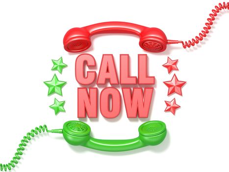 Call now sign. Retro red and green phone receivers and stars circular arranged. 3D render illustration isolated on white background
