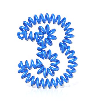 Spring, spiral cable number THREE 3 3D render illustration, isolated on white background