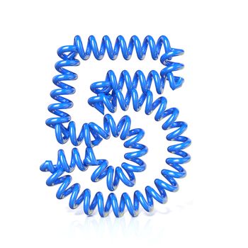 Spring, spiral cable number FIVE 5 3D render illustration, isolated on white background