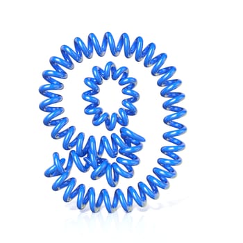 Spring, spiral cable number NINE 9 3D render illustration, isolated on white background
