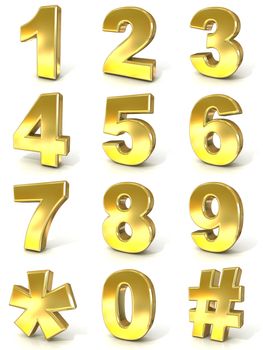 Numerical digits collection, 0 - 9, plus hash tag and asterisk. 3D golden signs isolated on white background. Render illustration.