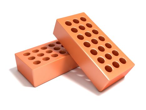 Two red bricks with round holes. 3D render illustration isolated on a white background.