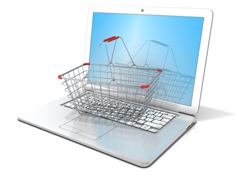 Laptop with steel shopping basket. 3D rendering - concept of online shopping. Isolated on white background