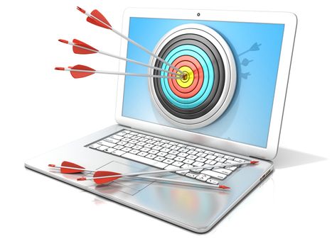 Laptop with archery target and red arrows in the center. 3D rendering - concept of search engine optimization - SEO. Isolated on white background