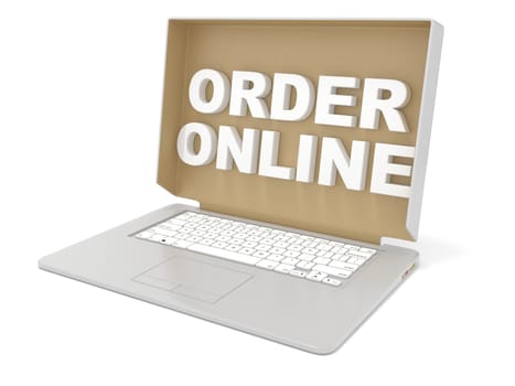 Cardboard box cover with ORDER ONLINE sign on laptop. Side view. 3D render illustration isolated on white background