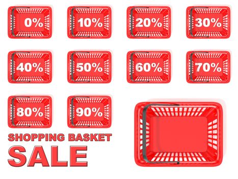 Collection of red shopping basket sale tags. Discount signs. 3D rendered illustration