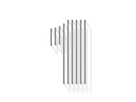 Silver, steel wire font. Number ONE 1 with vertical shadows. 3D render illustration isolated on white background