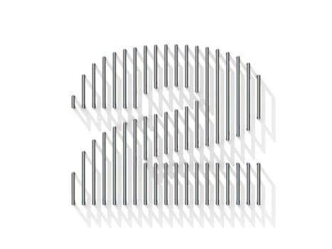 Silver, steel wire font. Number TWO 2 with vertical shadows. 3D render illustration isolated on white background