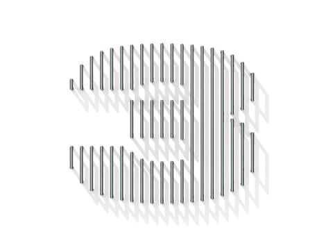 Silver, steel wire font. Number THREE 3 with vertical shadows. 3D render illustration isolated on white background