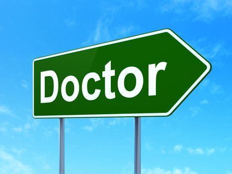 Medicine concept: Doctor on green road highway sign, clear blue sky background, 3D rendering