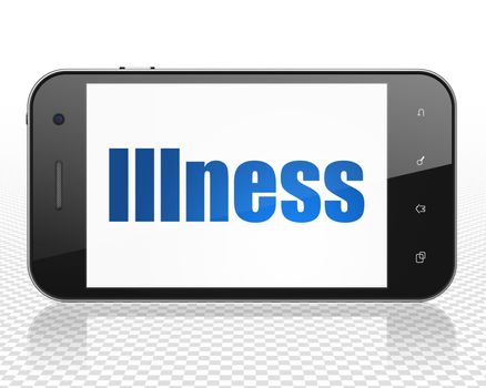 Medicine concept: Smartphone with blue text Illness on display, 3D rendering