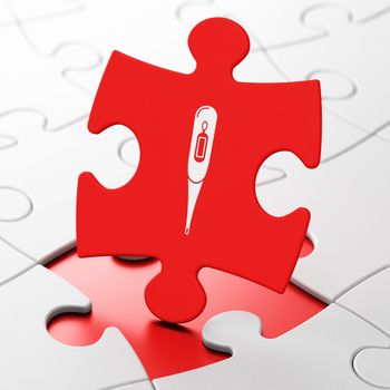 Health concept: Thermometer on Red puzzle pieces background, 3D rendering