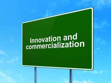 Science concept: Innovation And Commercialization on green road highway sign, clear blue sky background, 3D rendering