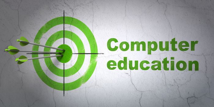 Success Learning concept: arrows hitting the center of target, Green Computer Education on wall background, 3D rendering