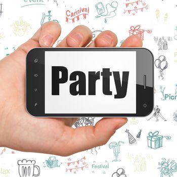Entertainment, concept: Hand Holding Smartphone with  black text Party on display,  Hand Drawn Holiday Icons background, 3D rendering