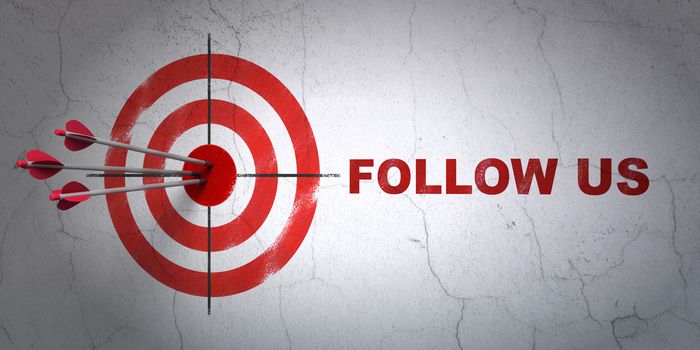 Success social media concept: arrows hitting the center of target, Red Follow us on wall background, 3D rendering