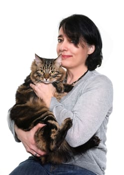 maine coon cat and woman in studio