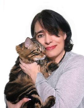 maine coon cat and woman in studio