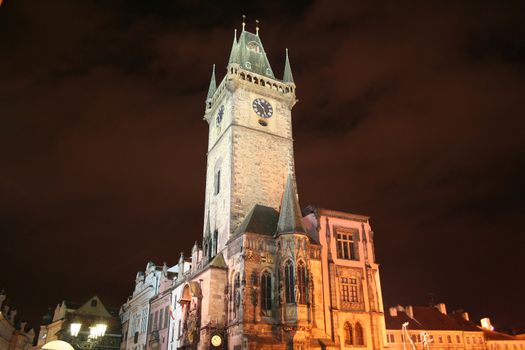 Evening illumination of Tower Orloj  in the city of Prague