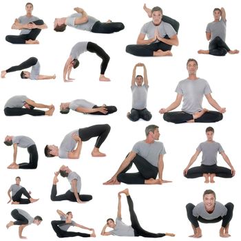 postures of yoga in front of white background