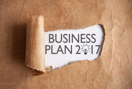 Torn piece of scroll uncovering business plan 2017 with zero figure as a light bulb symbol sketch