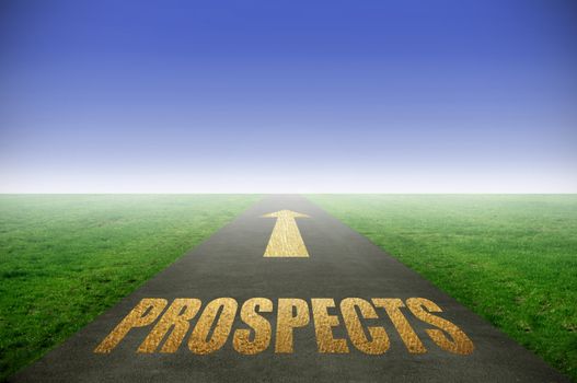 Prospects printed in gold on road with green grass on each side