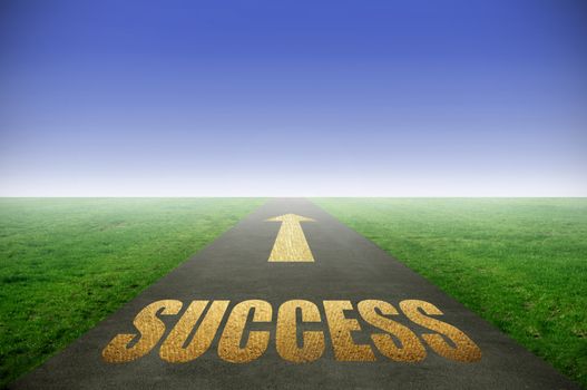 Success printed in gold on road with green grass on each side