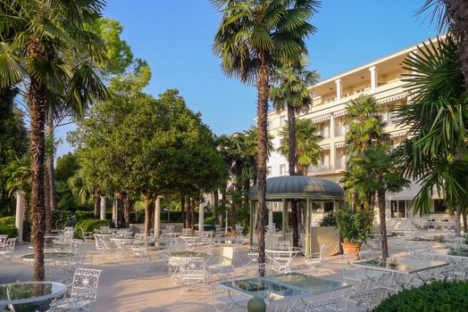 Beautiful relaxing Italian garden in Sirmione on Lake Garda in Italy