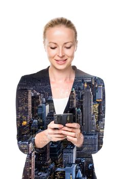 Beautiful young caucasian businesswoman in business attire using smart phone application. Double exposure with panorama of new York City overlay.