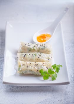 Spring Rolls with Sauce on a white plate