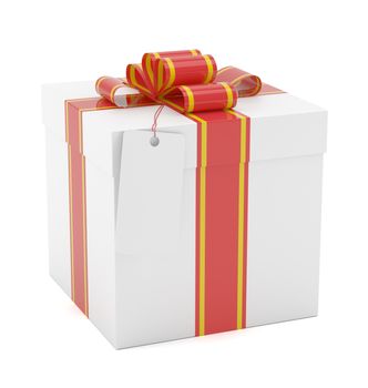 Gift box with red ribbon bow and label. 3D Illustration