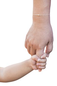 Father and son holding hand in hand isolated on white background with clipping