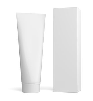 White cream bottle and tall white paper box for cosmetic packaging mock up. 3D illustration