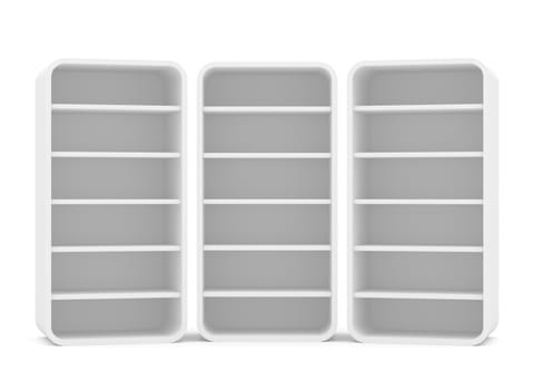 Three empty rotated retail shelves. Front view. Template. 3D Illustration, Isolated on white